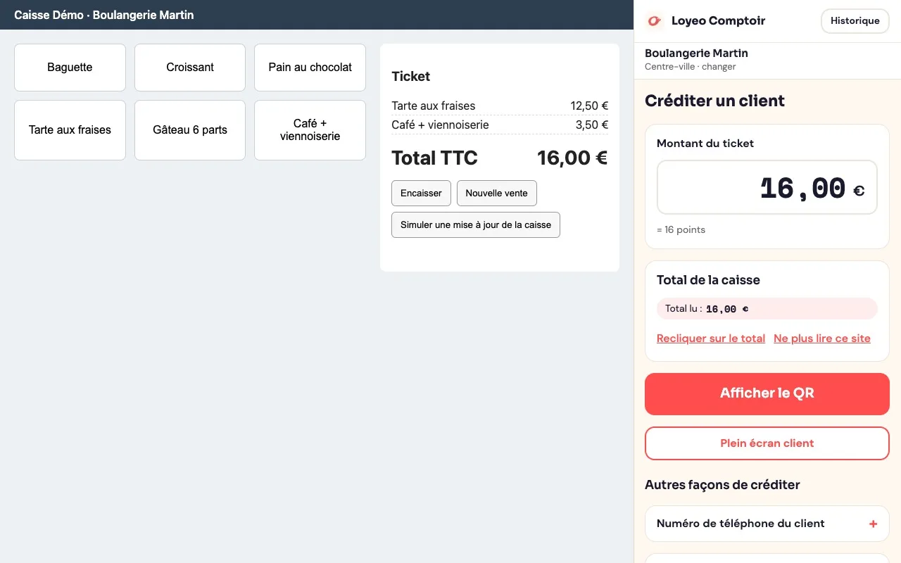 Le total de la caisse, 16,00 euros, recopié automatiquement dans le panneau et converti en 16 points