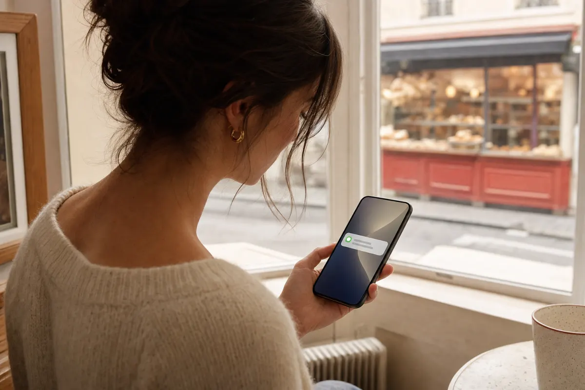 Une cliente lit une notification sur son téléphone, la boulangerie visible juste en face